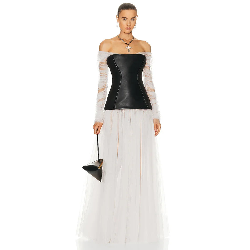 Elegant Off-the-Shoulder Gauze Dress with Long Sleeves and Faux Leather Corset