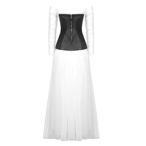 Off-the-Shoulder Long Sleeve Dress with Leather Corset and Gauze Skirt