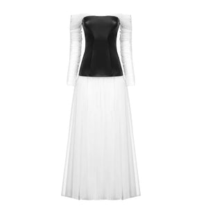 Elegant Off-the-Shoulder Gauze Dress with Long Sleeves and Faux Leather Corset