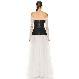 Elegant Off-the-Shoulder Gauze Dress with Long Sleeves and Faux Leather Corset