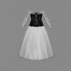 Elegant Off-the-Shoulder Gauze Dress with Long Sleeves and Faux Leather Corset