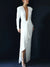 Women's White Evening Dress with Deep V-Neck, Long Sleeves, and Asymmetrical Hem