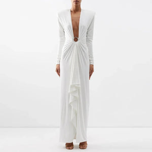 Women's White Evening Dress with Deep V-Neck, Long Sleeves, and Asymmetrical Hem