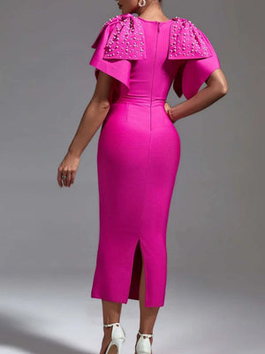 Women's Pink Beaded Short Sleeve Bow Tie Midi Bandage Dress for Celebrity Parties