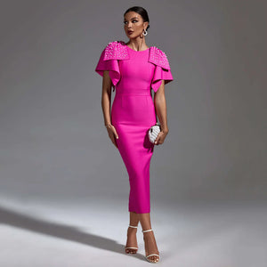 Women's Pink Beaded Short Sleeve Bow Tie Midi Bandage Dress for Celebrity Parties