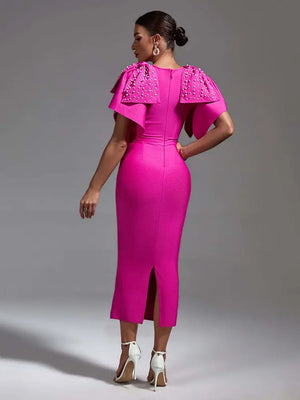 Women's Pink Beaded Short Sleeve Bow Tie Midi Bandage Dress for Celebrity Parties