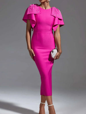 Women's Pink Beaded Short Sleeve Bow Tie Midi Bandage Dress for Celebrity Parties