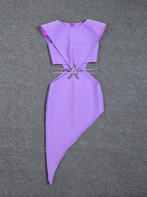 Women's Purple Asymmetric Dress with Diamond Starfish Belt and Sleeveless Hollow Design