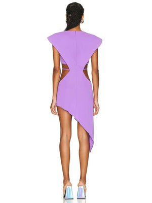 Women's Purple Asymmetric Dress with Diamond Starfish Belt and Sleeveless Hollow Design