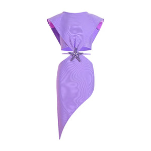 Women's Purple Asymmetric Dress with Diamond Starfish Belt and Sleeveless Hollow Design