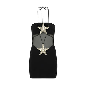 Women's Strapless Mini Dress with Diamond Starfish Design, Backless Mesh Party Dress