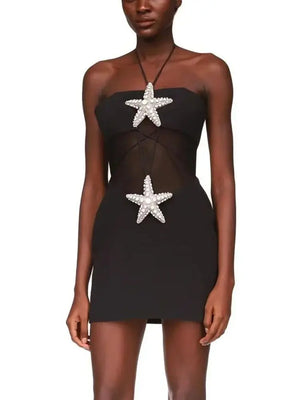 Women's Strapless Mini Dress with Diamond Starfish Design, Backless Mesh Party Dress