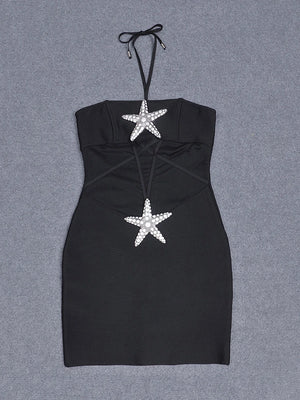 Women's Strapless Mini Dress with Diamond Starfish Design, Backless Mesh Party Dress