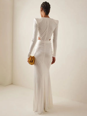 Women's Elegant White Long-Sleeve V-Neck Dress with Pleated Detail and High Slit for Evening Events