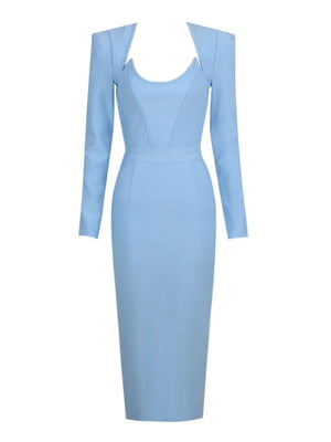 Women's Light Blue Long Sleeve Square Collar Bodycon Midi Dress for Evening Parties