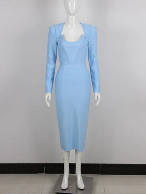 Women's Light Blue Long Sleeve Square Collar Bodycon Midi Dress for Evening Parties