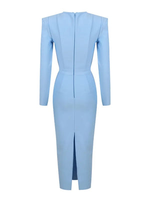 Women's Light Blue Long Sleeve Square Collar Bodycon Midi Dress for Evening Parties