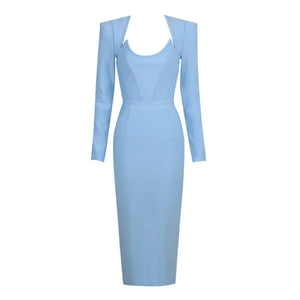 Women's Light Blue Long Sleeve Square Collar Bodycon Midi Dress for Evening Parties