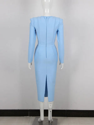 Women's Light Blue Long Sleeve Square Collar Bodycon Midi Dress for Evening Parties