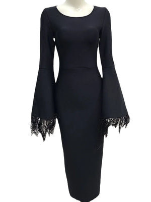 Women's Black Bodycon Dress with Feathered Flare Sleeves for Evening Party and Club Events