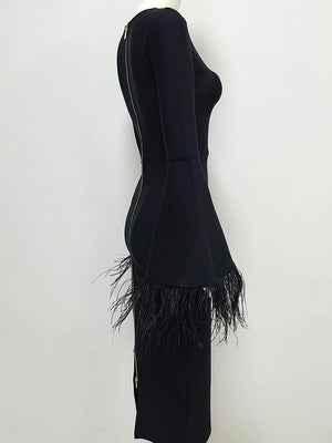 Women's Black Bodycon Dress with Feathered Flare Sleeves for Evening Party and Club Events