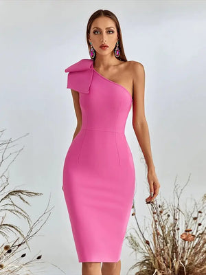 One Shoulder Pink Midi Dress for Women - Sexy Bandage Bodycon with Open Back and Bow Detail for Summer Club Party