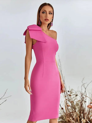 One Shoulder Pink Midi Dress for Women - Sexy Bandage Bodycon with Open Back and Bow Detail for Summer Club Party