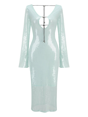 Women's Long Sleeve Sequin Midi Dress with Plunging Neckline and Sheer Detail