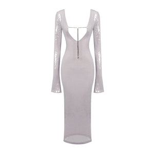 Women's Long Sleeve Sequin Midi Dress with Plunging Neckline and Sheer Detail