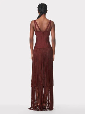 Women's Summer Burgundy V-Neck Sleeveless Long Dress with Fringe Detail