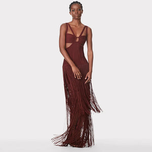 Women's Summer Burgundy V-Neck Sleeveless Long Dress with Fringe Detail