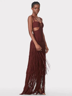 Women's Summer Burgundy V-Neck Sleeveless Long Dress with Fringe Detail