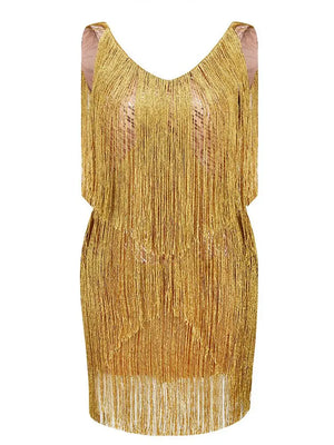 Tassel Gold Fringe Summer V Neck Sleeveless Luxury Mini Dress for Women Celebrity Party Dresses