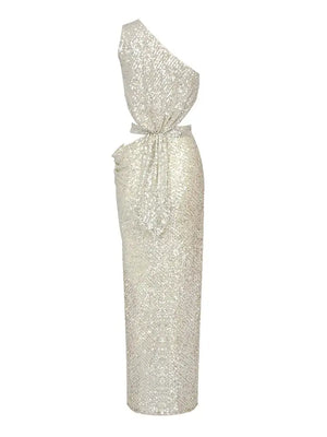 Elegant Silver Sequin One-Shoulder Long Dress with Side Cut-Out for Evening Events