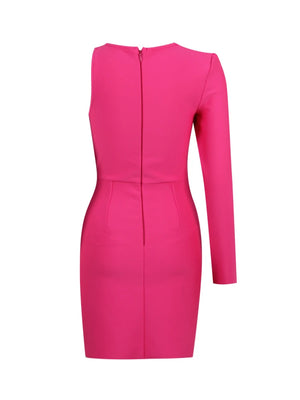 Women's Pink One-Shoulder Long Sleeve Dress with Gold Sequin Accents for Evening and Club Wear