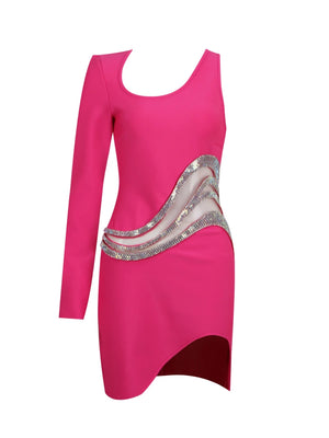 Women's Pink One-Shoulder Long Sleeve Dress with Gold Sequin Accents for Evening and Club Wear