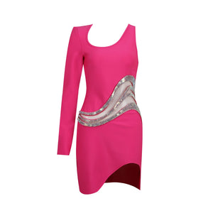 Women's Pink One-Shoulder Long Sleeve Dress with Gold Sequin Accents for Evening and Club Wear