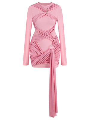 Women's Pink Long Sleeve Mini Dress with Draped O-Neck and Crossed Rings Design for Evening Party