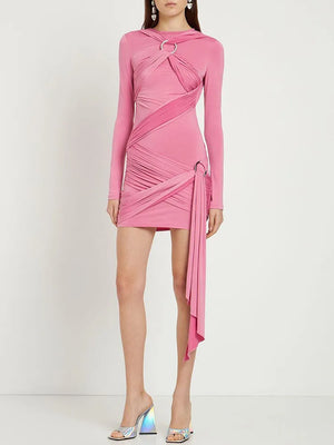 Women's Pink Long Sleeve Mini Dress with Draped O-Neck and Crossed Rings Design for Evening Party