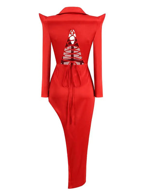 Women's Red Long-Sleeve V-Neck Dress with High Slit and Sheer Panel Details