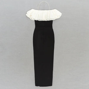 Black Long Bandage Dress with Off-the-Shoulder Ruffled Top and High Side Slit