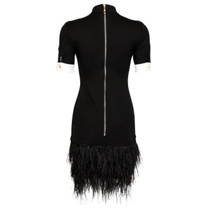 Black and White Tuxedo-Inspired Mini Dress with Ostrich Feather Hem and Gold Buttons