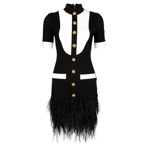 Black and White Tuxedo-Inspired Mini Dress with Ostrich Feather Hem and Gold Buttons