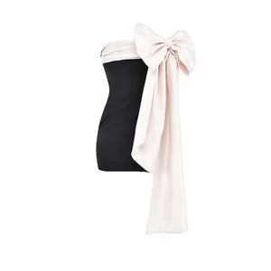 Luxurious Celebrity Style Satin Bow Tube Top Dress, Form-Fitting Hip Design