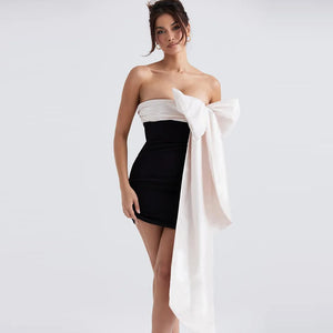 Luxurious Celebrity Style Satin Bow Tube Top Dress, Form-Fitting Hip Design