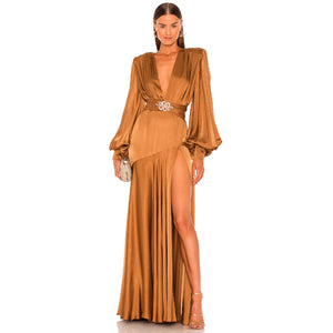 Gold Pleated Maxi Dress with Fringe Sleeves and Serpent Belt Split