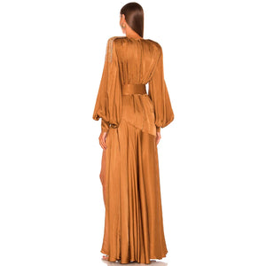 Gold Pleated Maxi Dress with Fringe Sleeves and Serpent Belt Split