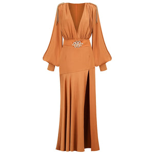 Gold Pleated Maxi Dress with Fringe Sleeves and Serpent Belt Split