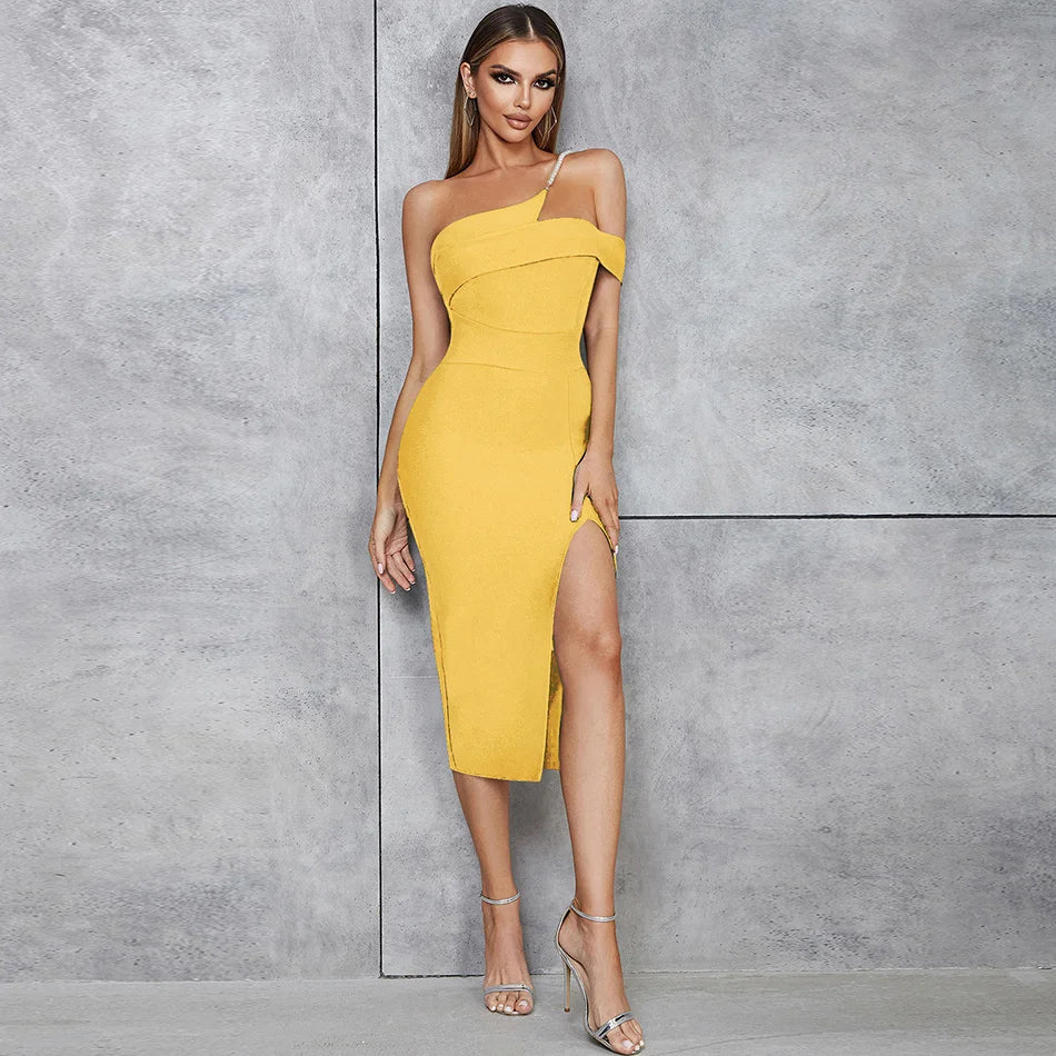 Chic Yellow One-Shoulder Midi Dress with Pearl Strap and Side Split