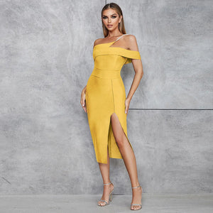 Chic Yellow One-Shoulder Midi Dress with Pearl Strap and Side Split